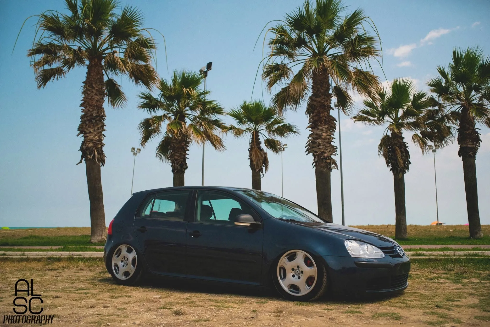 Una Golf nera in fondo a una fila di palme.